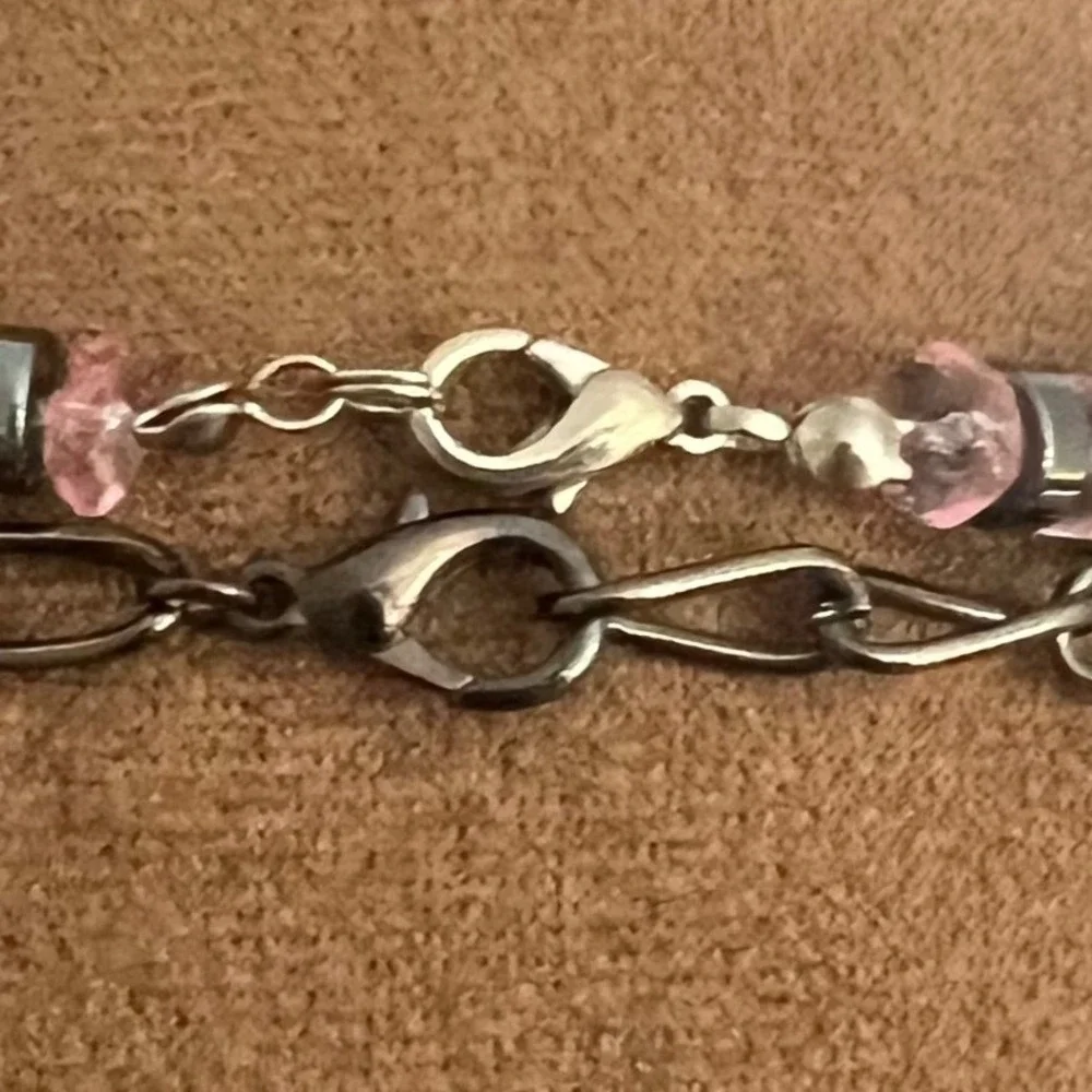 Gunmetal Layered Faux Pearl Pink Bead Chain 2 Necklaces  17